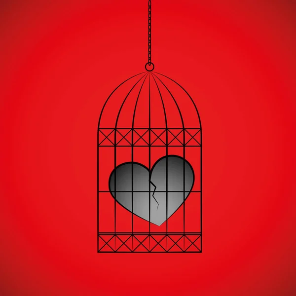 Broken heart in a bird cage on red background — Stock Vector