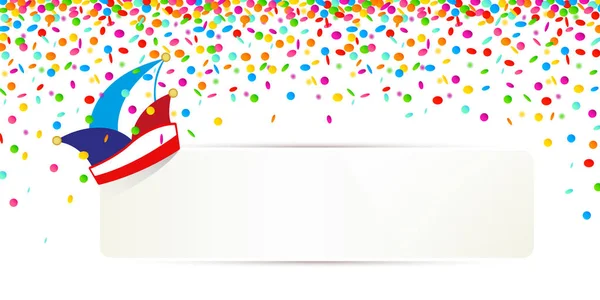 Карнавальна конфетті і традиційна шапка з білим банером для вашого тексту ізольовані на білому тлі — стоковий вектор
