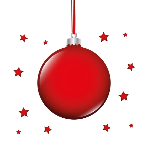 Vermelho bauble árvore de natal e estrelas no fundo branco — Vetor de Stock