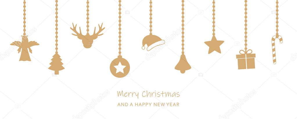 christmas greeting card with hanging decoration on white backgro