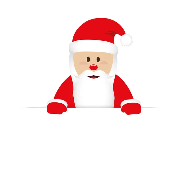 Happy cute santa claus in red clothes behind white banner — Stock Vector