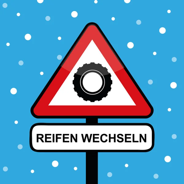 Winterreifen an einem dreieckigen Verkehrsschild mit Reifenwechsel — Stockvektor