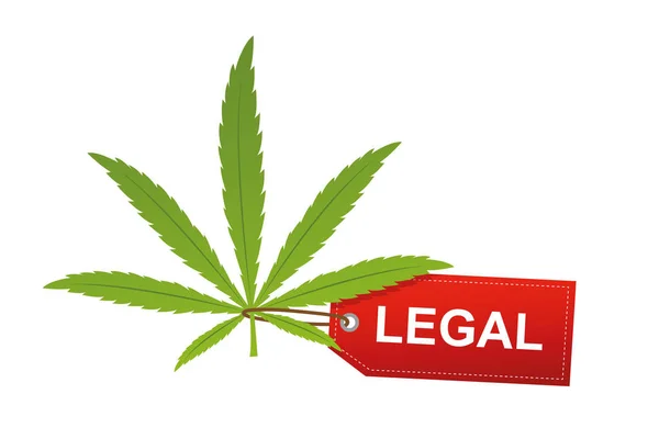 Cannabis-Blatt mit rotem legalen Etikett isoliert auf weißem Hintergrund — Stockvektor
