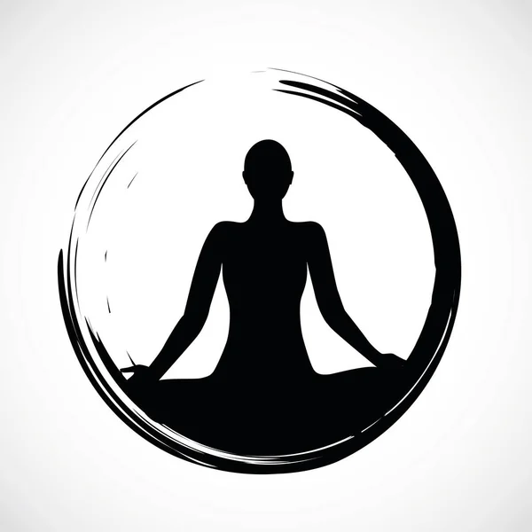 Pessoa sentada na posição de lótus de ioga em círculo preto —  Vetores de Stock