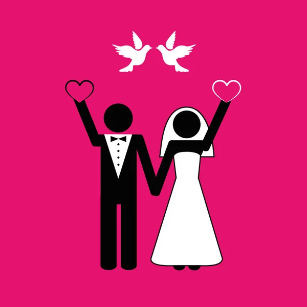 Pictogramme de couple de mariage avec colombes blanches sur fond rose — Image vectorielle