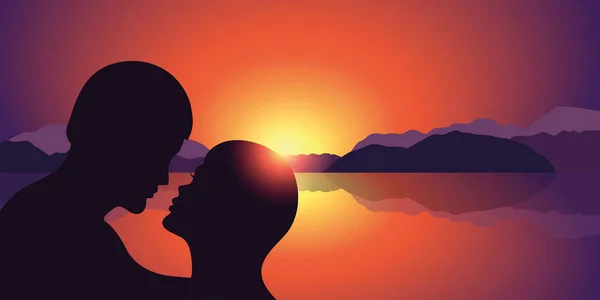 Silhueta beijo romântico no belo lago pôr do sol e paisagem de montanha — Vetor de Stock