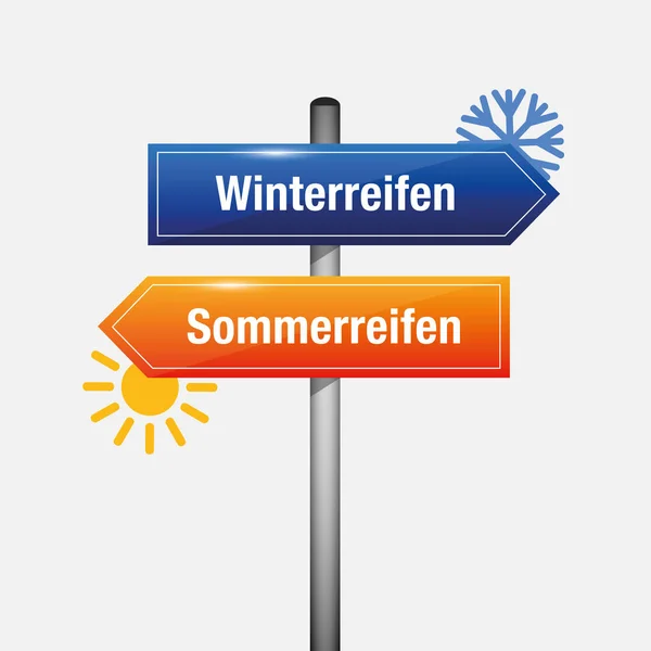 Straßenschild mit Schneeflocke für Winterreifen und mit Sonne für Sommerreifen — Stockvektor