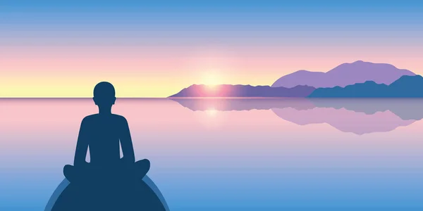 Persoon genieten van de stilte op een kalme zee bij zonsopgang — Stockvector