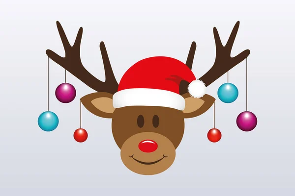 Reno lindo con bolas de árbol de Navidad y sombrero de santa — Vector de stock