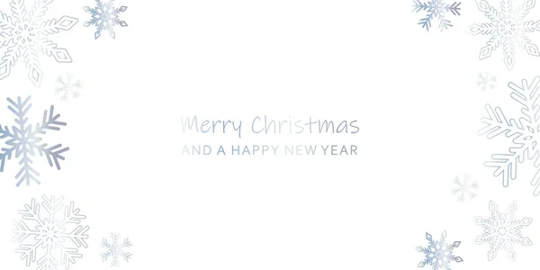 Cartão de felicitações de Natal brilhante com flocos de neve e backgro branco — Vetor de Stock