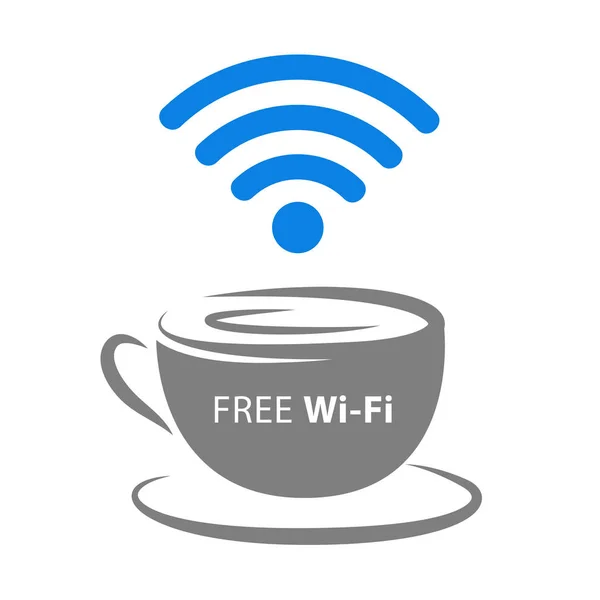 Icona della zona Wi-Fi gratuita con tazza di caffè e segnale wireless blu — Vettoriale Stock