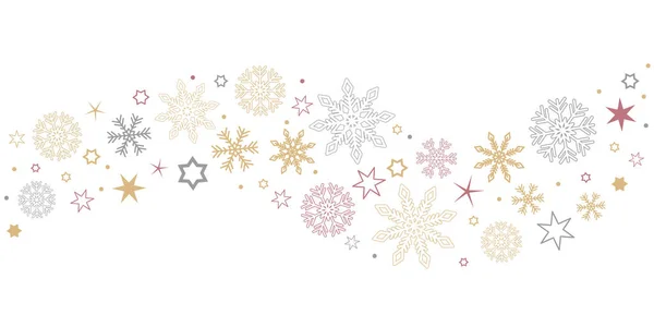 Decorativo navidad frontera ola con copos de nieve y estrellas de oro — Archivo Imágenes Vectoriales