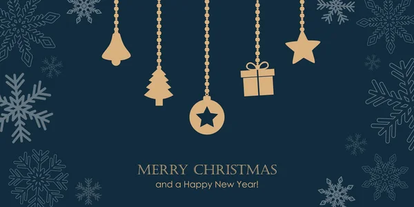 Cartão de felicitações de Natal com borda floco de neve e decoração pendurada — Vetor de Stock