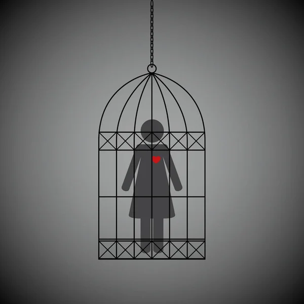 Woman with red heart in a cage on dark background — Stock Vector