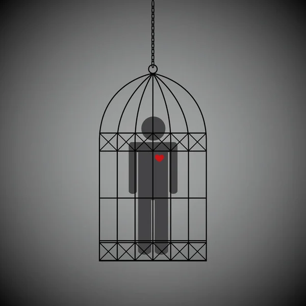 Homem com coração vermelho em uma gaiola no fundo escuro — Vetor de Stock