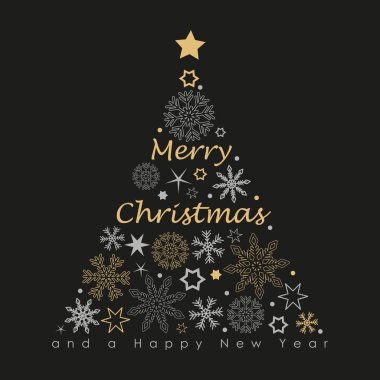 kar taneleri ve yıldız ile neşeli Noel ağacı