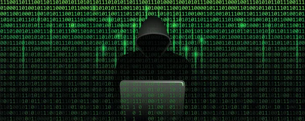 Υπολογιστή hacker στην μήτρα κυβερνοεγκλήματος έννοια με δυαδικό κώδικα web φόντο — Διανυσματικό Αρχείο