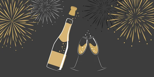Bottiglia di champagne e bicchieri con fuochi d'artificio di Capodanno — Vettoriale Stock