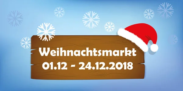 Weihnachtsmarkt Holzschild mit Weihnachtsmütze auf schneebedecktem Hintergrund — Stockvektor