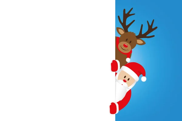 Dibujos animados de Navidad de Papá Noel y Reno con bandera blanca — Vector de stock
