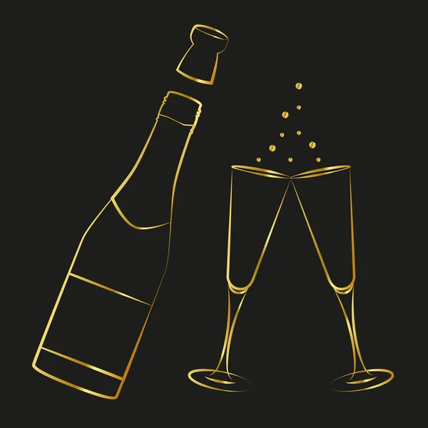 Bottiglia di champagne dorato e bicchieri disegno contorno — Vettoriale Stock