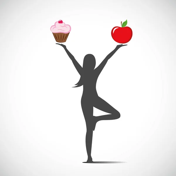 Mulher em posição de ioga escolhe entre um alimento saudável e alimentos nocivos —  Vetores de Stock