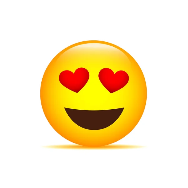 Emoji wajah kuning bahagia dengan hati sebagai mata di latar belakang putih - Stok Vektor