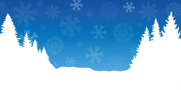 Fundo de inverno chrismas azul e branco com flocos de neve e abetos — Vetor de Stock