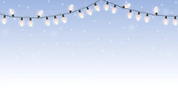 Christmas fairy lights on snowy bright winter background — Stock Vector