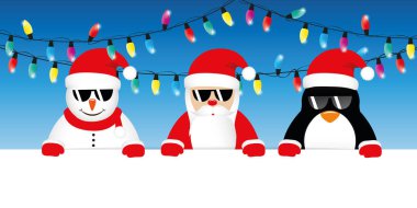 güneş gözlüğü ve Noel peri ışıkları ile serin kardan adam Noel Baba ve penguen karikatür