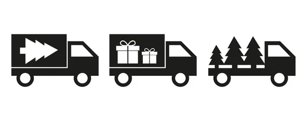 圣诞树和礼品送货面包车图标送货服务 — 图库矢量图片