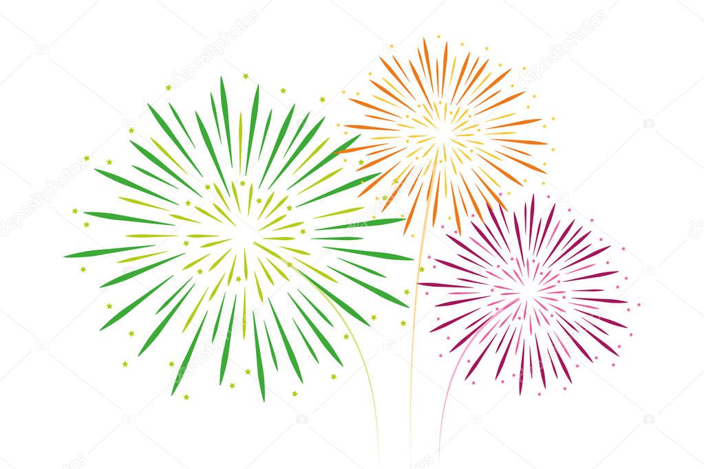 colorful fireworks green orange and pink isolated on white