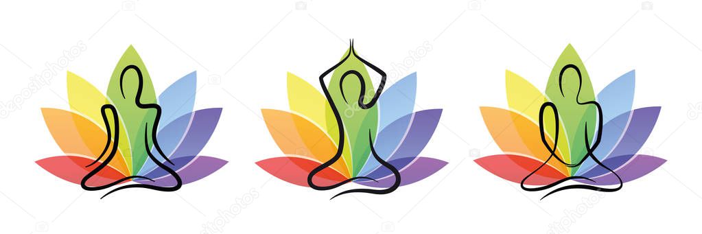 Meditation yoga set with colorful lotus flower vector illustration EPS10