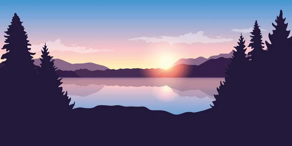 Schöner See bei Sonnenaufgang violette Naturlandschaft — Stockvektor