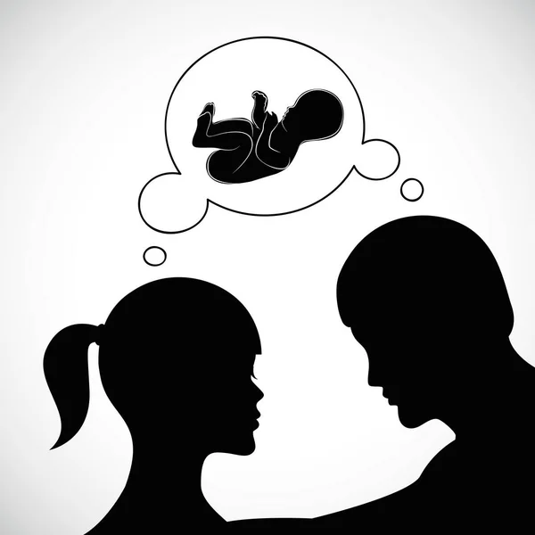 Mann und Frau denken über Babysilhouette nach — Stockvektor