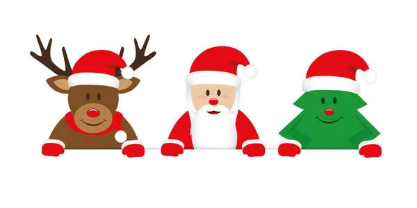 Niedliche Rentier Weihnachtsmann und Weihnachtsbaum Cartoon weißes Banner — Stockvektor