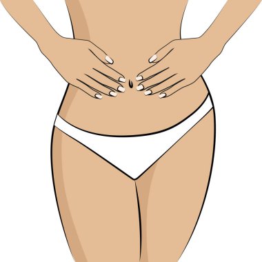 Beyaz arka plan üzerinde izole mide ağrısı olan kadın