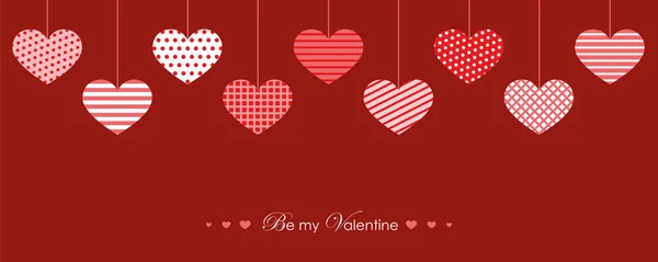 Hängende rote Herzen mit unterschiedlichen Mustern zum Valentinstag — Stockvektor