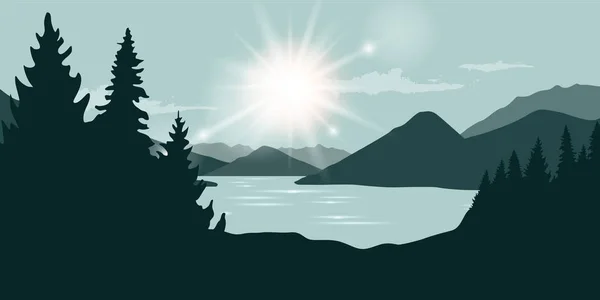 Sol en el paisaje natural del río y del bosque — Vector de stock