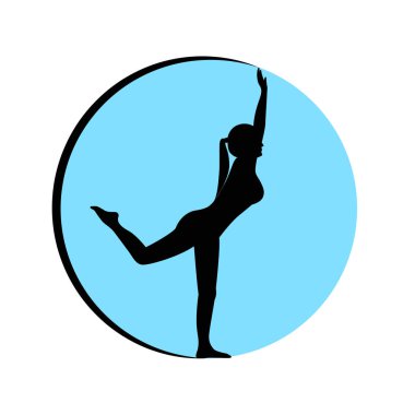 Kız yoga poz bir mavi daire siluet gerçekleştirir.