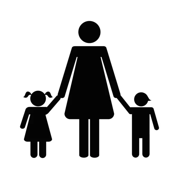 Madre con dos niños pictograma — Vector de stock