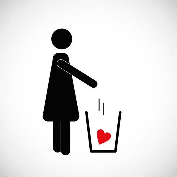 Donna getta il cuore rosso nell'icona pittogramma spazzatura — Vettoriale Stock