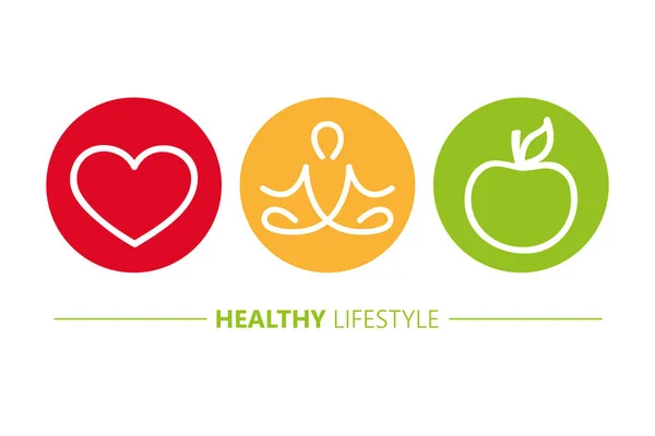 Healthy lifestyle icons heart yoga and apple — Stock Vector