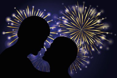 Romantik öpücük ve gece altın parlak yeni yıl havai fişek illüstrasyon Eps10 vektör