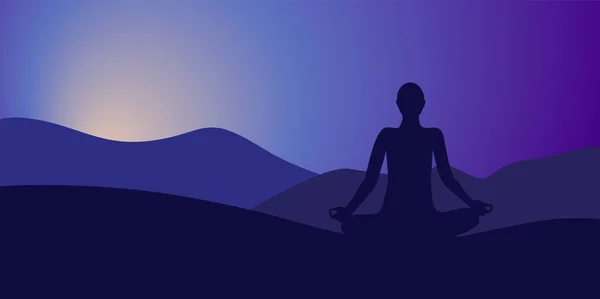 Persona meditando en alta montaña en el fondo del amanecer — Vector de stock