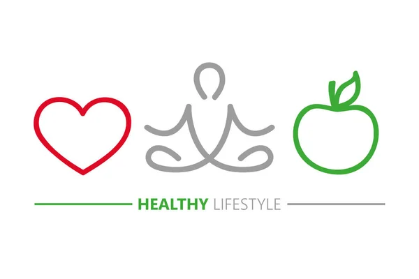 Healthy lifestyle concept heart yoga and green apple — Stock Vector