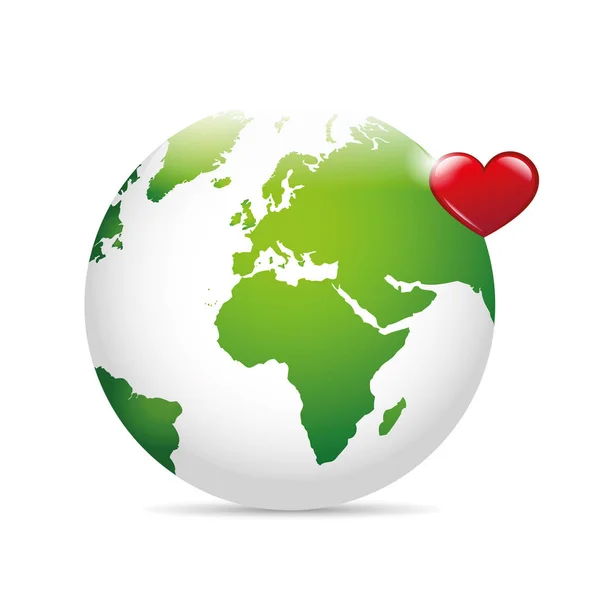 Grüne Erde mit rotem Herzen retten das Weltkonzept — Stockvektor