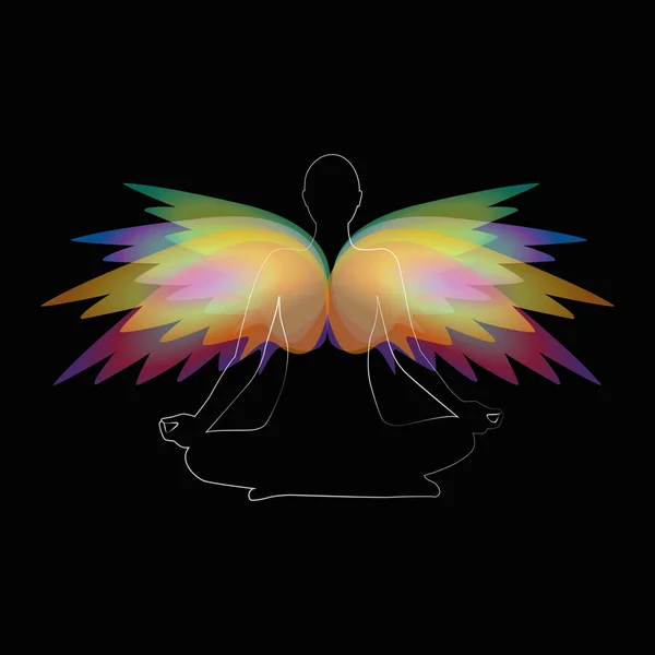 Meditation yoga person with colorful wings — Stock Vector