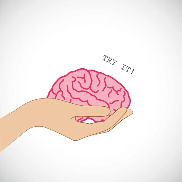 Handen håller en hjärna med försök me text — Stock vektor
