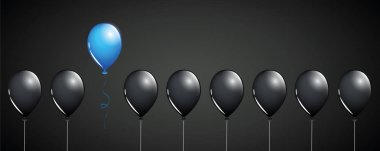 mavi balon sinek siyah arka plan farklı konsept tasarımı üzerinde siyah balon uzak